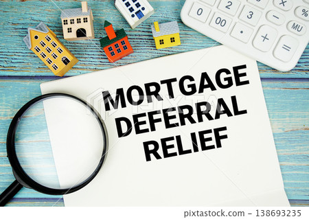 Mortgage Deferral Relief with Calculator, magnifying glass and house model on wooden background 138693235