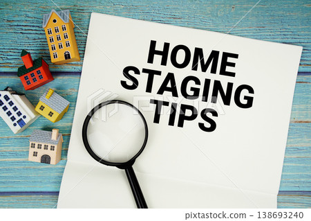 Notepad with "Home Staging Tips" with magnifying glass and house model on wooden background 138693240