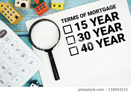"Terms of Mortgage 15, 30, 40 Year" with Calculator, magnifying glass and house model on wooden background 138693255