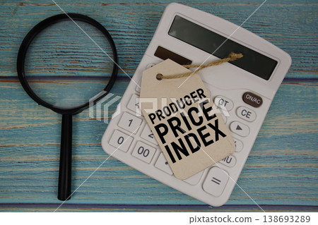 Price tag with "PRODUCER PRICE INDEX" on calculator and magnifying glass on a rustic blue wooden surface Price tag with "PRODUCER PRICE INDEX" on calculator and magnifying glass on a rustic blue wooden surface 138693289