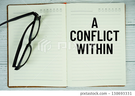 Notepad with message "A Conflict Within" and eyeglass on wooden background Notepad with message "A Conflict Within" and eyeglass on wooden background 138693331