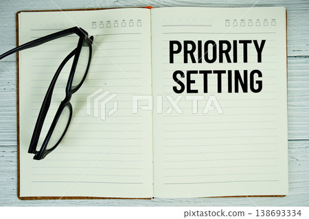 Notepad with message "Priority Setting" and eyeglass on wooden background Notepad with message "Priority Setting" and eyeglass on wooden background 138693334