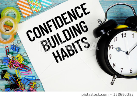 Confidence Building Habits text on a paper surrounded by office supplies and a clock on a blue wooden surface Confidence Building Habits text on a paper surrounded by office supplies and a clock on a blue wooden surface 138693382