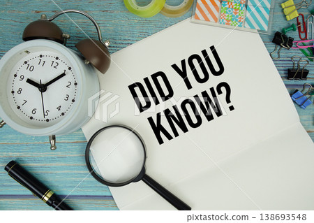 Did You Know? text written on notepad with alarm clock and magnifying glass flat lay on wooden background Did You Know? text written on notepad with alarm clock and magnifying glass flat lay on wooden background 138693548