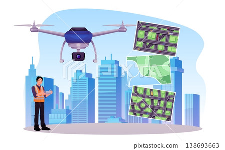 Drone operator using UAV for map making, map of the city, vector flat cartographer operating quadcopter on cityscape Drone operator using UAV for map making, map of the city, vector flat cartographer operating quadcopter on cityscape 138693663