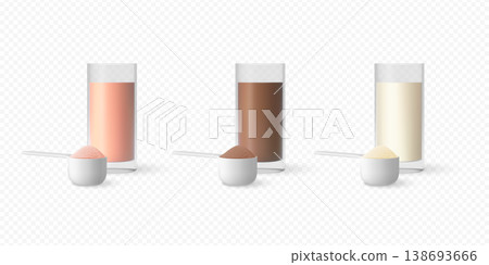 Set of protein shakes, vanilla, fruit and chocolate flavor, vector 3D drink in glasses and powder in measuring spoons Set of protein shakes, vanilla, fruit and chocolate flavor, vector 3D drink in glasses and powder in measuring spoons 138693666