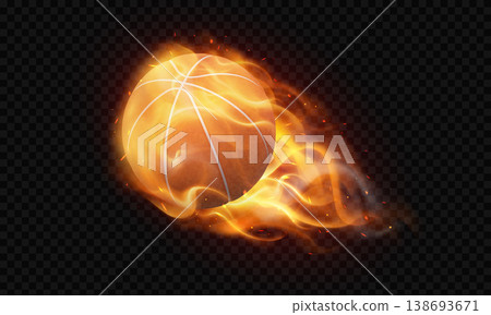 Burning basketball ball flight realistic 3D vector illustration, sports team game equipment in fire flame on black 138693671