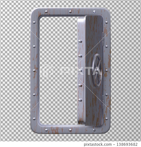 An open metal door with rivets and a round locking mechanism, rusty corrosion. An open metal door with rivets and a round locking mechanism, rusty corrosion. 138693682