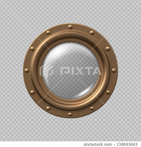 Realistic round metal bronze porthole with glass and rivets on a transparent isolated background. 138693683
