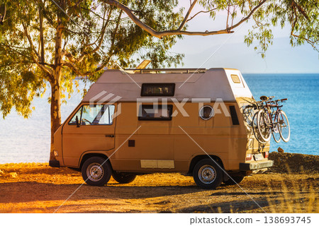 Camper car on beach seashore Camper car on beach seashore 138693745