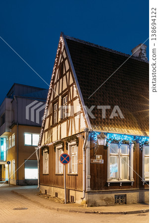 Parnu, Estonia. Night View Of Old Wooden Parnu Citizen s House At Nikolai Street In Evening Night Illuminations 138694122