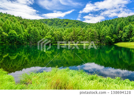 Nagano Prefecture, Chino City: Mishaka Pond in summer - A mystical reflection of vibrant green and blue sky. 138694128