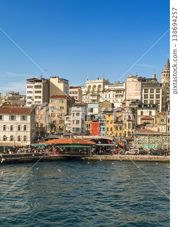 A view of the Istanbul marina from the sea. The coastline with residential buildings A view of the Istanbul marina from the sea. The coastline with residential buildings 138694257