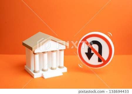 The bank and the symbol of impossibility of return. Refusal to refund money. Irreversible changes in the banking system highlight risk, trust issues and strict financial policies for customers. The bank and the symbol of impossibility of return. Refusal to refund money. Irreversible changes in the banking system highlight risk, trust issues and strict financial policies for customers. 138694433