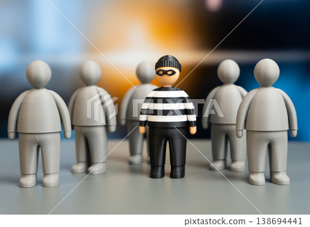 A masked criminal in prison uniform among a crowd of people. AI surveillance identifies suspects. Security technology and facial recognition enhance monitoring and crime prevention systems. 138694441