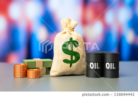The dollar is a money bag and barrels of oil. Profits from the sale of oil and petroleum products. Excess profits from energy sales amid supply chain instability. 138694442