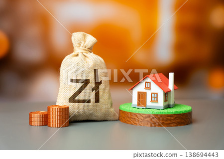 The polish zloty is a money bag and a private house with a plot of land. Property investment builds wealth. Housing market trends reflect economic growth. Buying a house, investing in real estate. The polish zloty is a money bag and a private house with a plot of land. Property investment builds wealth. Housing market trends reflect economic growth. Buying a house, investing in real estate. 138694443