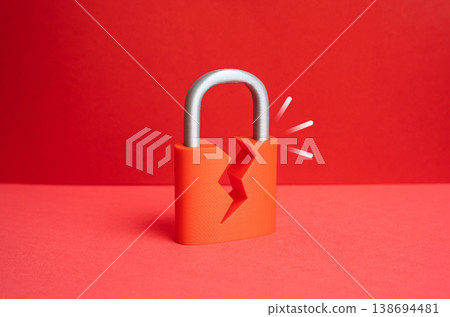 A red cracked padlock. Cyber risk exposes vulnerabilities. Data protection and system defense are critical for business continuity. Security system is compromised 138694481