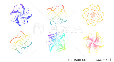 Abstract circular gradient with halftone dots forming radial waves. Ideal for contemporary backgrounds, logos, and geometric compositions with flowing energy and motion. 138694501