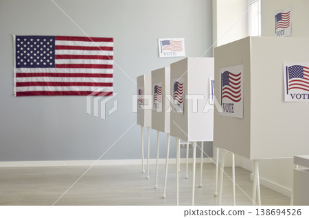 Side view of white empty voting booths at polling station with American flag. Side view of white empty voting booths at polling station with American flag. 138694526