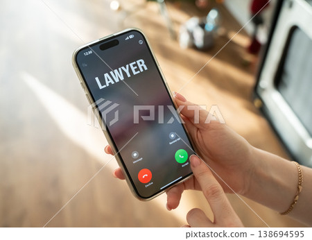 Incoming call from a lawyer. Legal support, ongoing contact. Urgent consultation ensures protection of rights and risk management. Business relies on continuous legal guidance and timely advice. 138694595