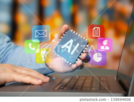 Application of AI in business. AI business agents. Automation enhances decision making and efficiency. Intelligent systems support operations, customer service and digital transformation. Application of AI in business. AI business agents. Automation enhances decision making and efficiency. Intelligent systems support operations, customer service and digital transformation. 138694606