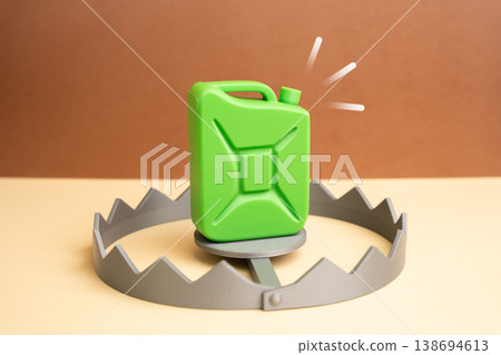 A green canister in a trap. Concerns about investing in green energy and fuel emerge. Risk assessment highlights uncertainty in sustainable projects and renewable investment strategies. A green canister in a trap. Concerns about investing in green energy and fuel emerge. Risk assessment highlights uncertainty in sustainable projects and renewable investment strategies. 138694613