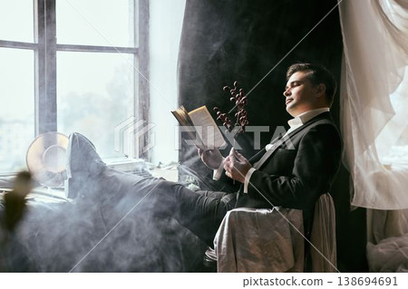 Focused investigator analyzes documents by window under smoky atmosphere Focused investigator analyzes documents by window under smoky atmosphere 138694691