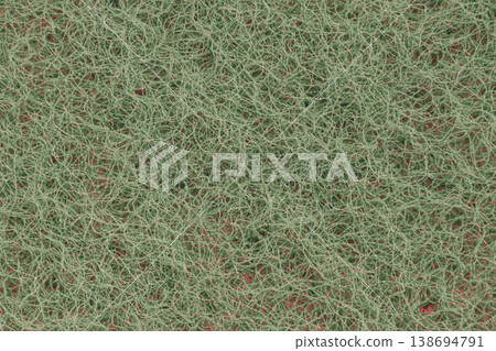 Macro photography of a deep green abrasive layer with a dense network of stiff synthetic fibers. The complex intertwined structure creates a rich 3D texture 138694791