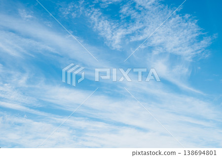 Panoramic view of a clear azure sky with wispy cirrus clouds. Soft blue gradients and airy textures create a vast minimalist backdrop with extensive copy space for web Panoramic view of a clear azure sky with wispy cirrus clouds. Soft blue gradients and airy textures create a vast minimalist backdrop with extensive copy space for web 138694801