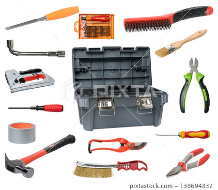 Set of various tools for repair and construction around open plastic box hammer, screwdrivers, pliers, brushes and construction stapler Set of various tools for repair and construction around open plastic box hammer, screwdrivers, pliers, brushes and construction stapler 138694832