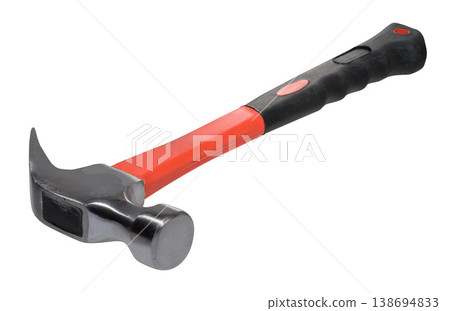 Claw hammer with a silver metal head and an ergonomic black and red handle. Claw hammer with a silver metal head and an ergonomic black and red handle. 138694833