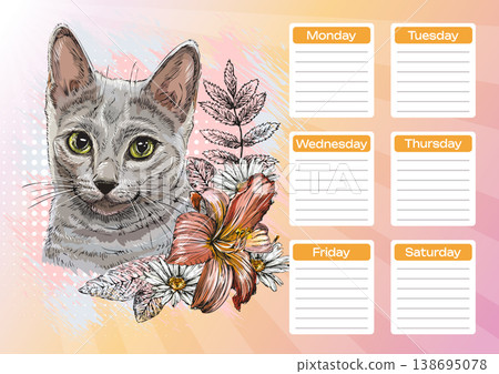 Russian blue cat with flowers planner and school schedule vector Russian blue cat with flowers planner and school schedule vector 138695078