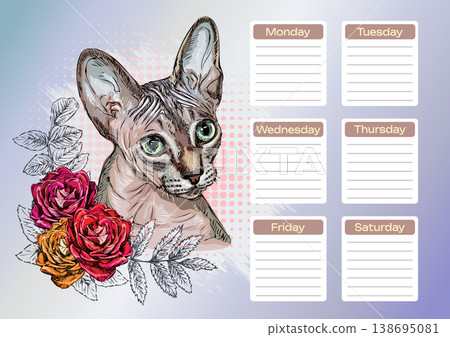 Sphynx cat with roses flowers printable planner and school schedule vector Sphynx cat with roses flowers printable planner and school schedule vector 138695081