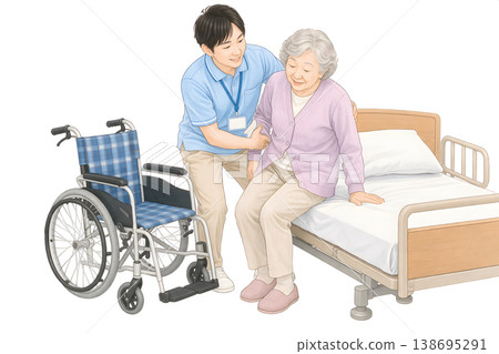 A scene showing a caregiver assisting an elderly person in transferring from a bed to a wheelchair. 138695291
