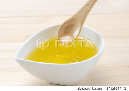 A wooden spoon for scooping olive oil 138695340