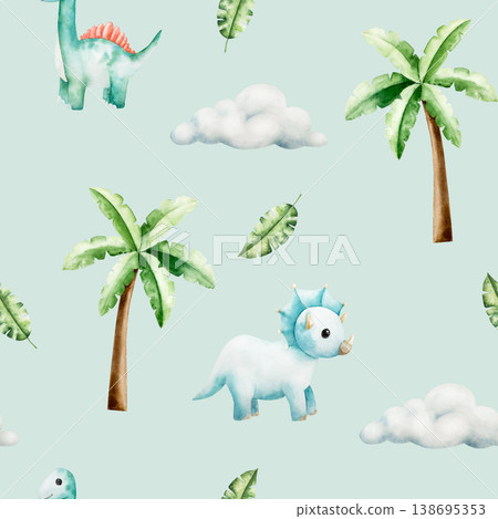 Seamless pattern with dinosaur in tropical leaves and palm tree. Watercolor hand drawn prehistoric diplodocus, Brachiosaurus animal, clouds. Isolated illustration on transparent background. Perfect 138695353