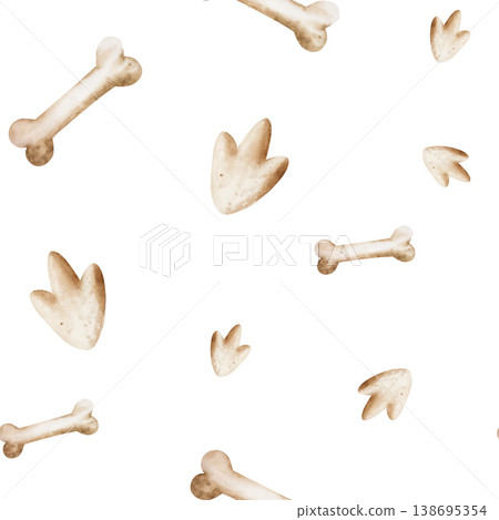 Watercolor seamless pattern with hand drawn prehistoric dinosaur or dog bone, animal and dinosaur footprint. Isolated illustration on transparent background. Perfect for Pet Product Designs, projects 138695354