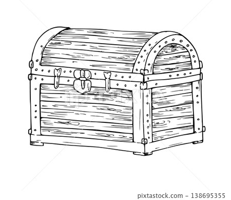 Vector Pirate treasure chest. Hand painted linear illustration. Graphic monochrome sketch isolated on background. For designers, prints, logo, icon, menu, postcards, holiday, covers 138695355