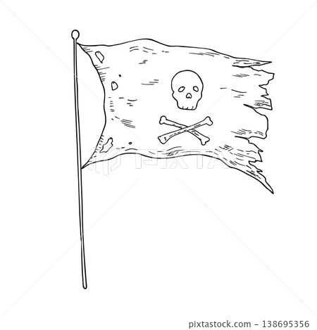 Vector Pirate Flag with Skull and Crossbones. Hand painted linear illustration. Graphic monochrome sketch isolated on background. For designers, prints, logo, icon, menu, postcards, holiday, covers 138695356