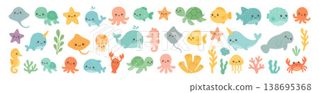 Set of sea animals, corals, and plants in kawaii style. Adorable underwater characters for marine designs 138695368