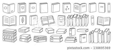 Outline vector set of assorted books. Various styles including open, closed, and stacked 138695369