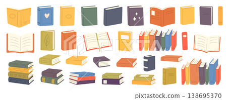 Large flat vector collection of books in various positions and styles. Colorful and playful educational illustration Large flat vector collection of books in various positions and styles. Colorful and playful educational illustration 138695370