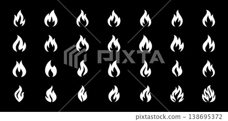 Set of white flame icons on black background. Vector fire silhouettes for hot, energy, hazard and modern design elements Set of white flame icons on black background. Vector fire silhouettes for hot, energy, hazard and modern design elements 138695372