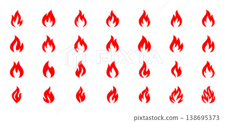 Set of 28 red fire flame icons isolated on white background. Vector burning flame symbols for hot, heat, energy and fire concept design Set of 28 red fire flame icons isolated on white background. Vector burning flame symbols for hot, heat, energy and fire concept design 138695373