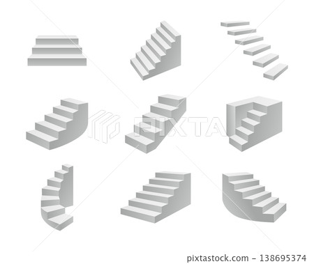Set of 9 grey 3D isometric staircase icons. Collection of minimal modern stair designs. Set of 9 grey 3D isometric staircase icons. Collection of minimal modern stair designs. 138695374