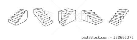 Set of 5 outline stair icons. Isometric staircase designs in minimal line art. Set of 5 outline stair icons. Isometric staircase designs in minimal line art. 138695375