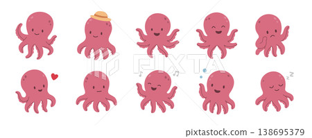 Set of cute octopus characters with different emotions. Colorful flat vector collection for kids, sea themes, and education. Set of cute octopus characters with different emotions. Colorful flat vector collection for kids, sea themes, and education. 138695379