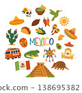 Mexican culture circular composition with traditional symbols, food, animals and festive icons 138695382