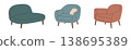 Modern accent chairs. Cozy, trendy seating furniture illustrations in pastel tones for decor visuals and interior layouts. 138695389
